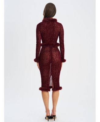 Women's Halia Burgundy Animal Print Burnout Velvet Fur Trim Skirt