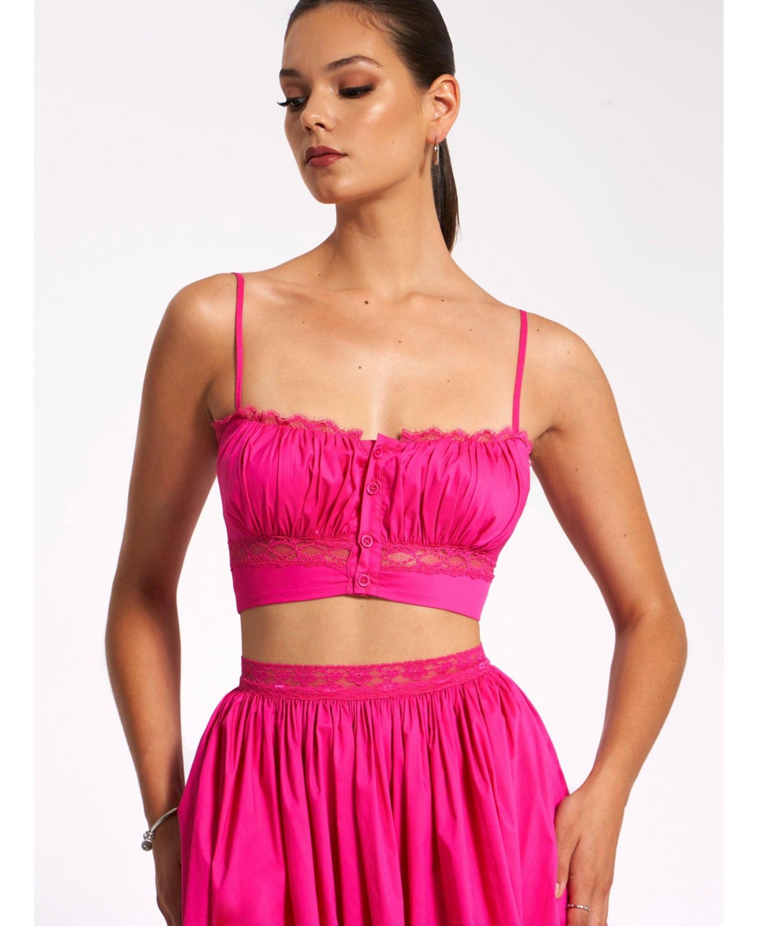 Women's Maya Fuchsia Cotton Poplin Top With Lace Trim