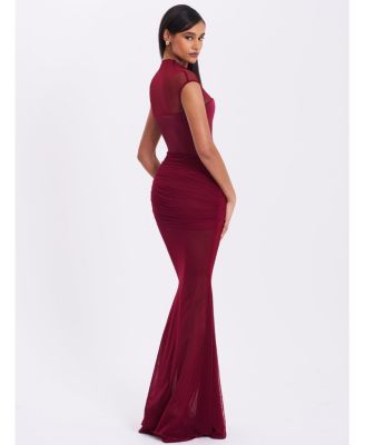 Women's Fabienne Burgundy Mesh Cap Sleeve Mermaid Gown