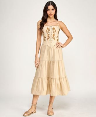 Juniors' Embroidered Lace Up Halter Neck Corset With Nail Heads Skirt