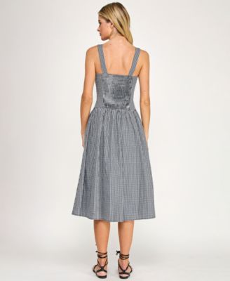 Juniors' Gingham Ribbon Trim and Smocked Back Square Neck Dress