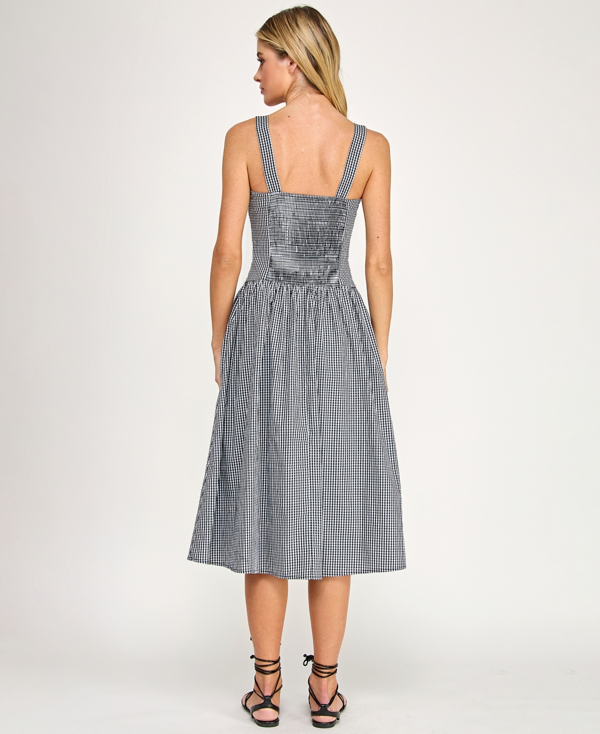 Seni & Cade Juniors' Gingham Ribbon Trim and Smocked Back Square Neck Dress