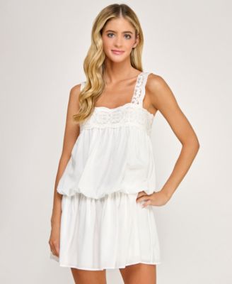 Juniors' Lace Straps Square Neck Short Dress