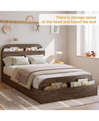 Wooden Bed Frame with Storage Headboard & Raised Footboard, Low Platform Design, Sturdy Slats Support