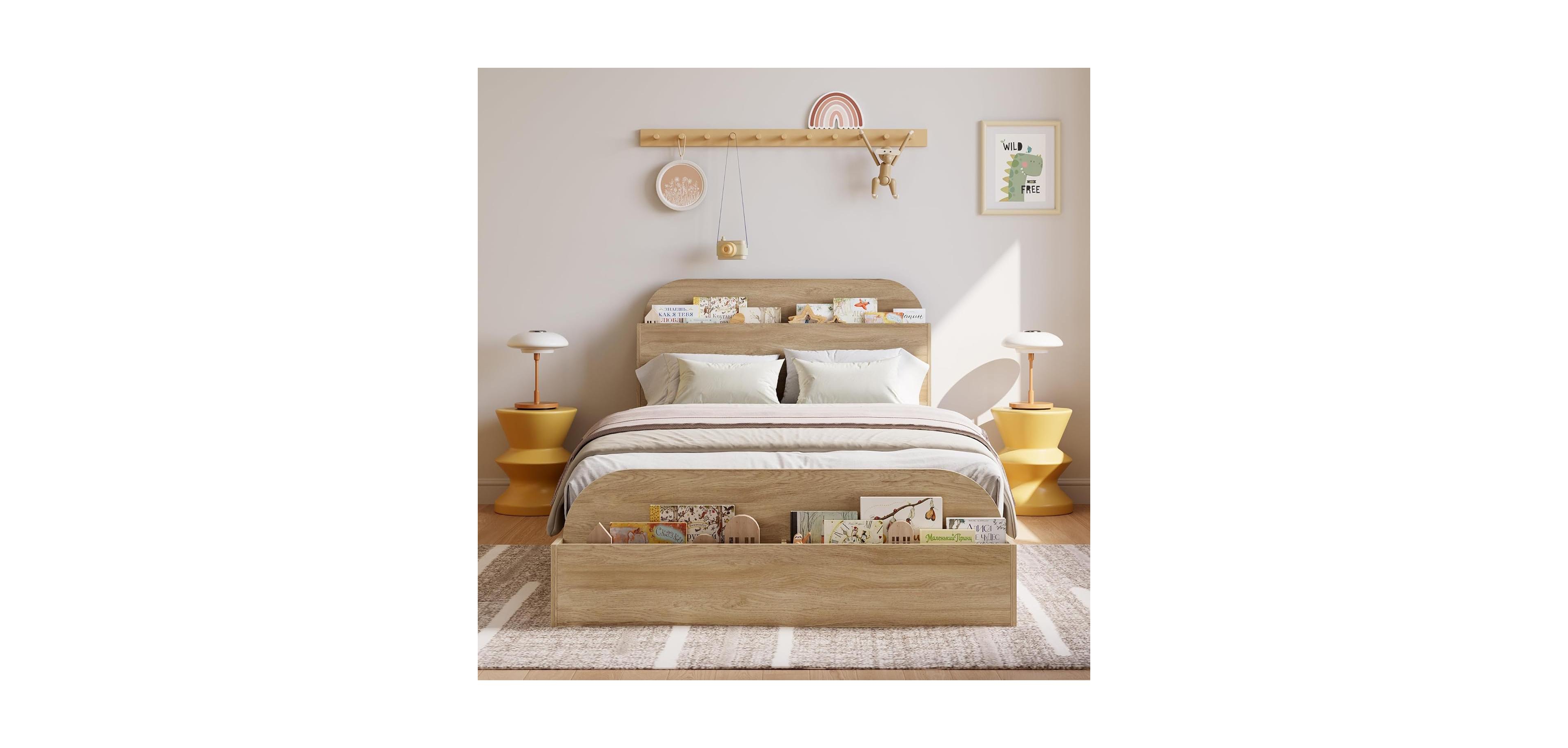 gaomon Wooden Bed Frame with Storage Headboard & Raised Footboard, Low Platform Design