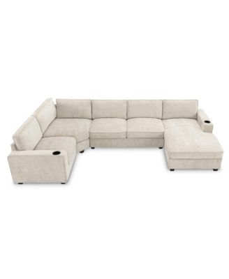 U-Shaped Sectional Sofa, 6 Seat Chenille Corner Couch with Cup Holders & Chaise