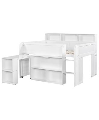  Wood Full Size Loft bed with Multiple Storage Shelves, Desk and LED