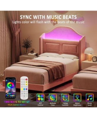 Twin Bed Frame for Kids,Upholstered Velvet Platform Bed with Wingback Headboard,LED Light and Storage Bookcase Headboard