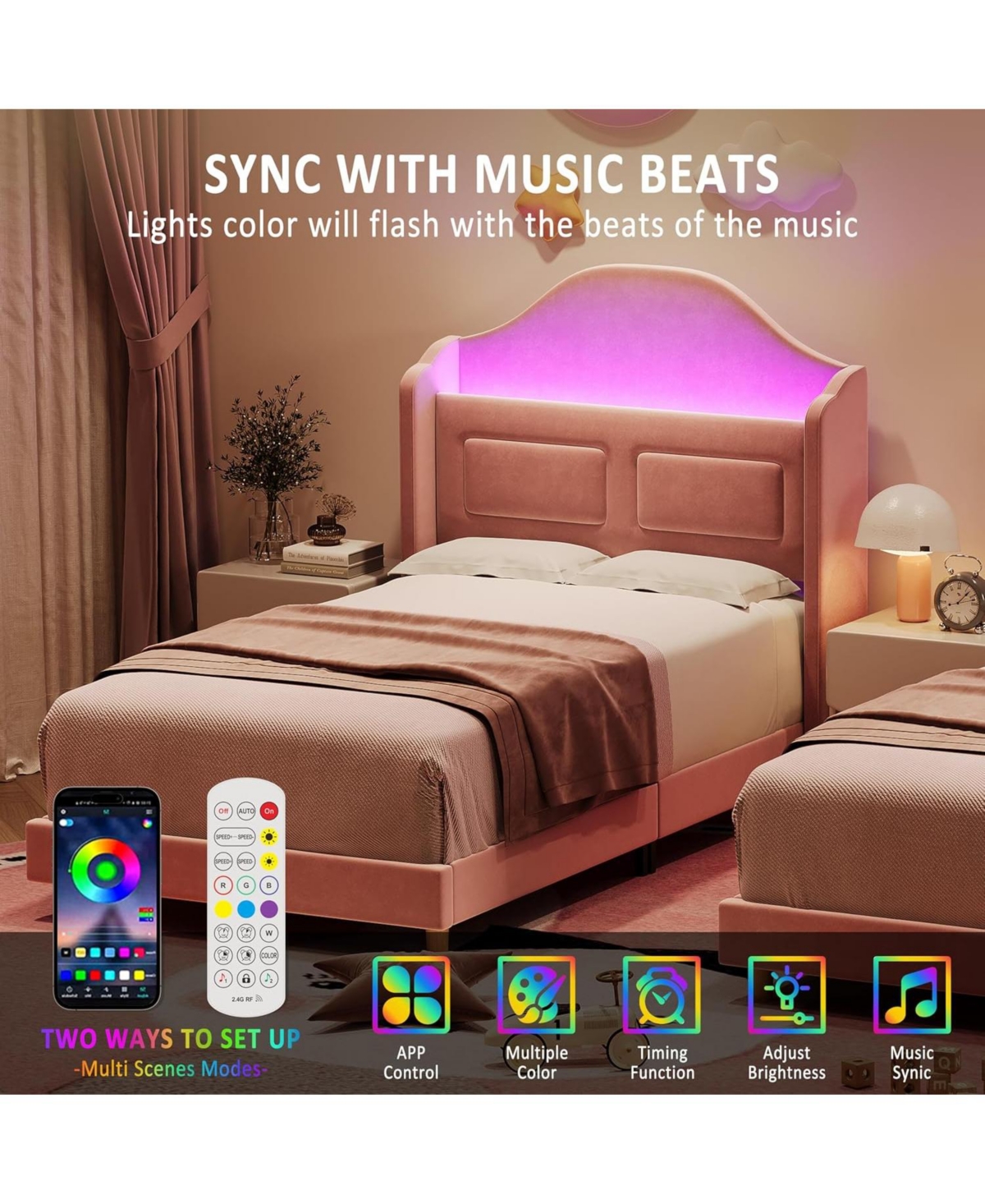 gaomon Twin Bed Frame for Kids,Upholstered Velvet Platform Bed with Wingback Headboard,Led Light and Storage Bookcase Headboard