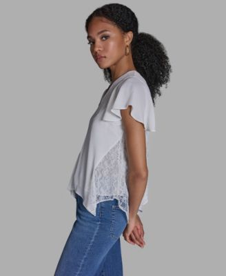 Women's Crewneck Flutter-Sleeve Asymmetrical Lace Top