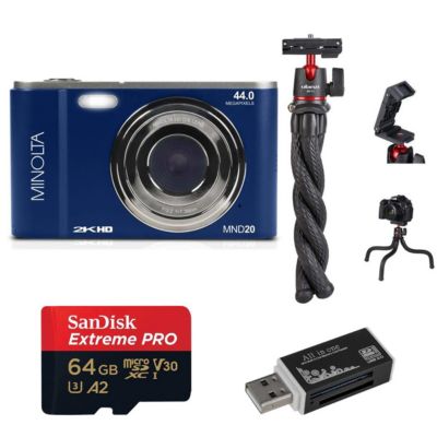 MND20 44MP 2.7K Quad HD Digital Camera, Blue, Bundle with 64GB Memory Card, Octopus Tripod, USB 2.0 Card Reader