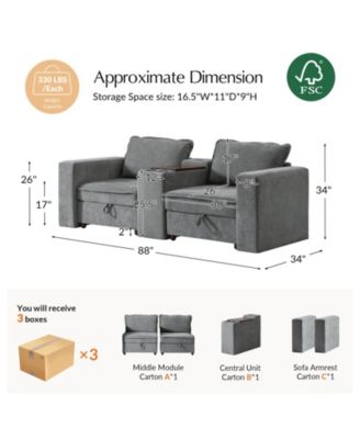 Buelow 88” Modern Storage Sofa With Charging Station And Middle Storage Compartment