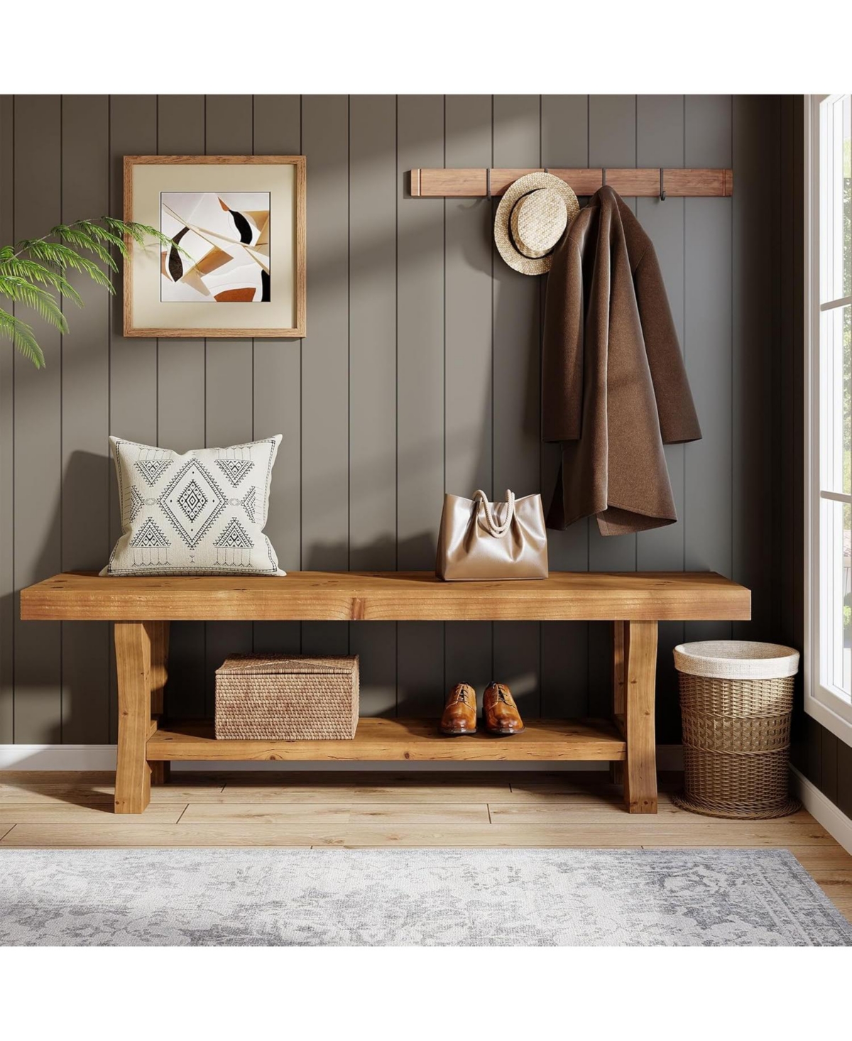 Tribesigns Solid Wood Entryway Bench, 55" End of Bed Bench, Long Indoor Dining Seat for Hallway, Bedroom, Living Room, Dining Room