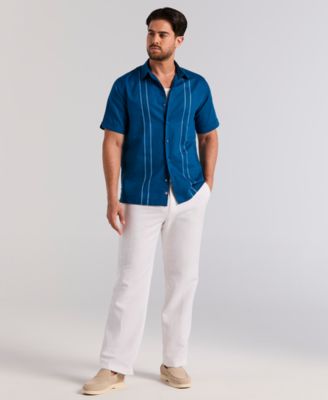 Men's Short-Sleeve Panel Button-Front Linen Camp Shirt