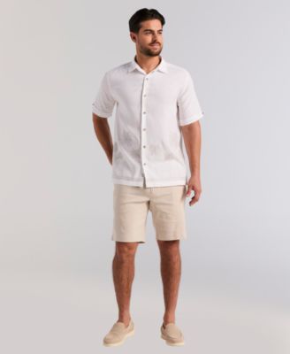 Men's Border Palm Embroidered Linen-Blend Short-Sleeve Shirt