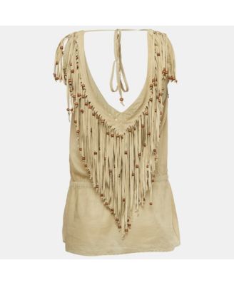 Women's Pre-Owned D&g Khaki Cotton & Suede Fringe Detail Sleeveless Top