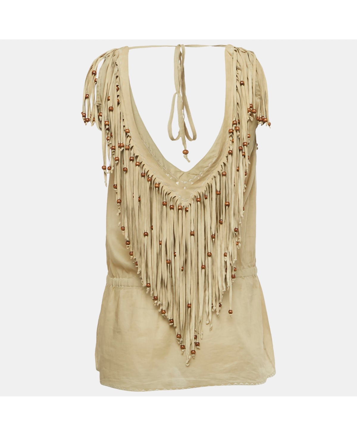 Pre-Owned Dolce & Gabbana Women's Pre-Owned D&g Khaki Cotton & Suede Fringe Detail Sleeveless Top