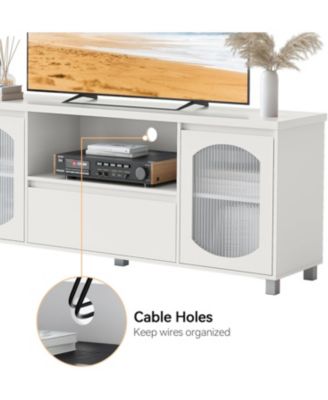 Modern TV Stand for 65 Inch TV, TV Cabinet with Fluted Glass Door and Open Shelve, White TV Entertainment Center with Storage