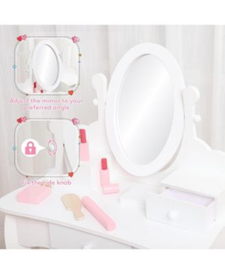 Kids Vanity Set with Mirror and Stool, Girls Wooden Makeup Playset