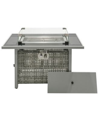K&K 43 Inch Propane Gas Fire Pit Table 60000 BTU Rectangular Open Weave Wicker with Glass Wind Guard for Outdoor Patio Garden