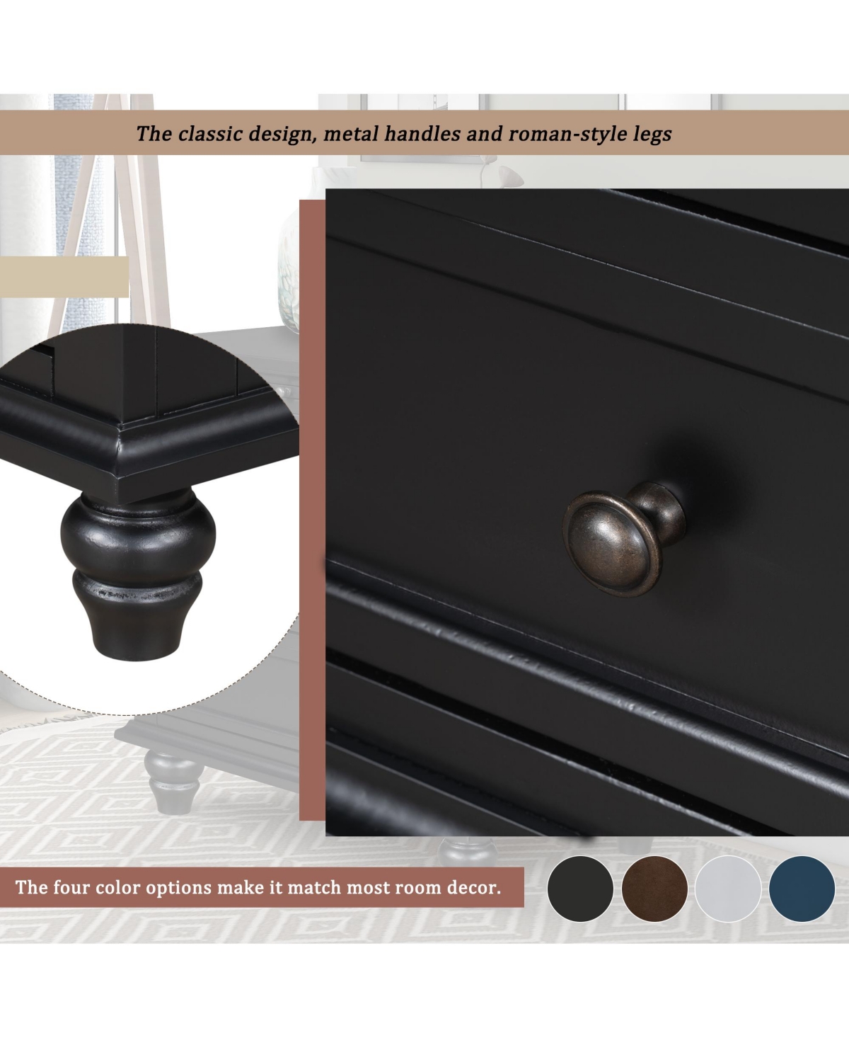 Cesicia 3-Drawer Solid Wood Nightstand with Pull-Out Tray