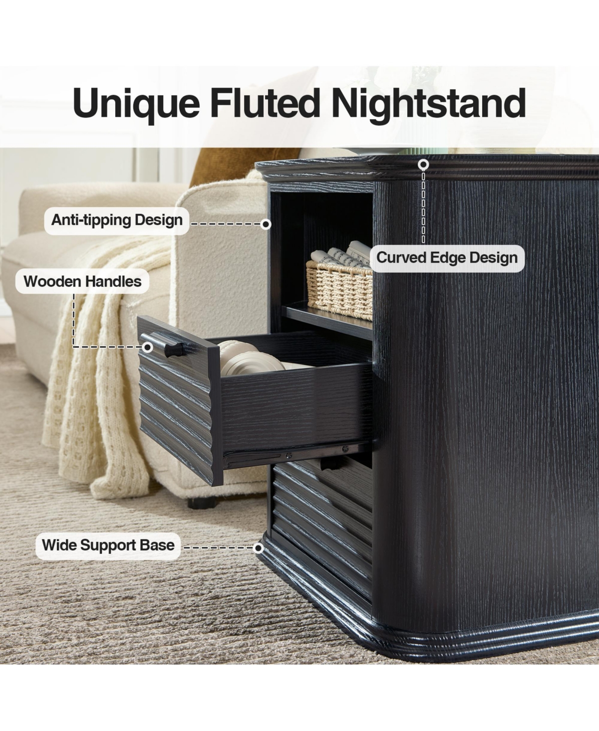 Rainsken 22" Fluted Nightstand with Charging Station, Modern Bedside Table with 2 Drawers and Open Storage for Living Room, Bedroom