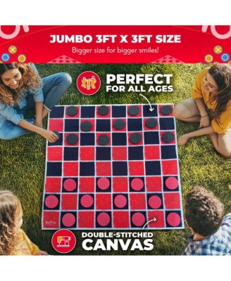 2-in-1 Vintage Giant Checkers & Tic Tac Toe Game W/ Mat - 100% Machine-Washable Canvas With Big Foam Discs - Giant Games