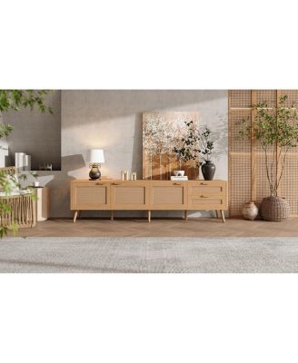 70" Modern TV Stand with Rattan Doors & Storage for Living Room