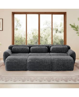 3-Seater Plush Fabric Sofa with Movable Ottoman, No Assembly Required, Dark Gray