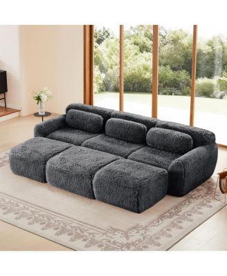 3-Seater Plush Fabric Sofa with Movable Ottoman, No Assembly Required, Dark Gray