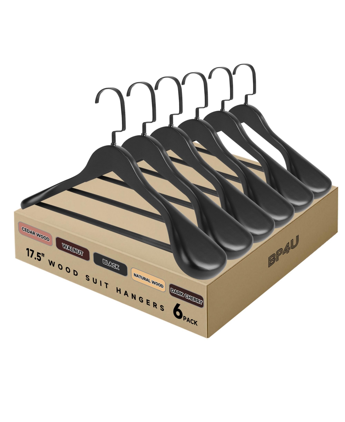 BP4U Wooden Suit Hangers with Pants Bar for Men's Clothes, 17.5-Inch Wide Shoulder Solid Wood Coat Jackets, Shirts