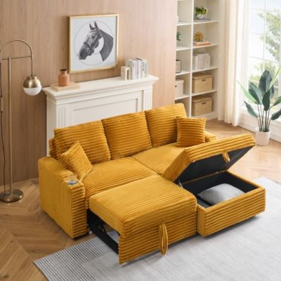 80 Inch Corduroy Sleeper Sofa Bed with Storage Ottoman, Pull-Out Convertible Couch for Living Room or Guest Room