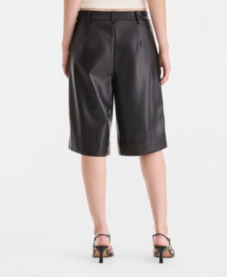 Women's Faux-Leather Pleated Bermuda Shorts