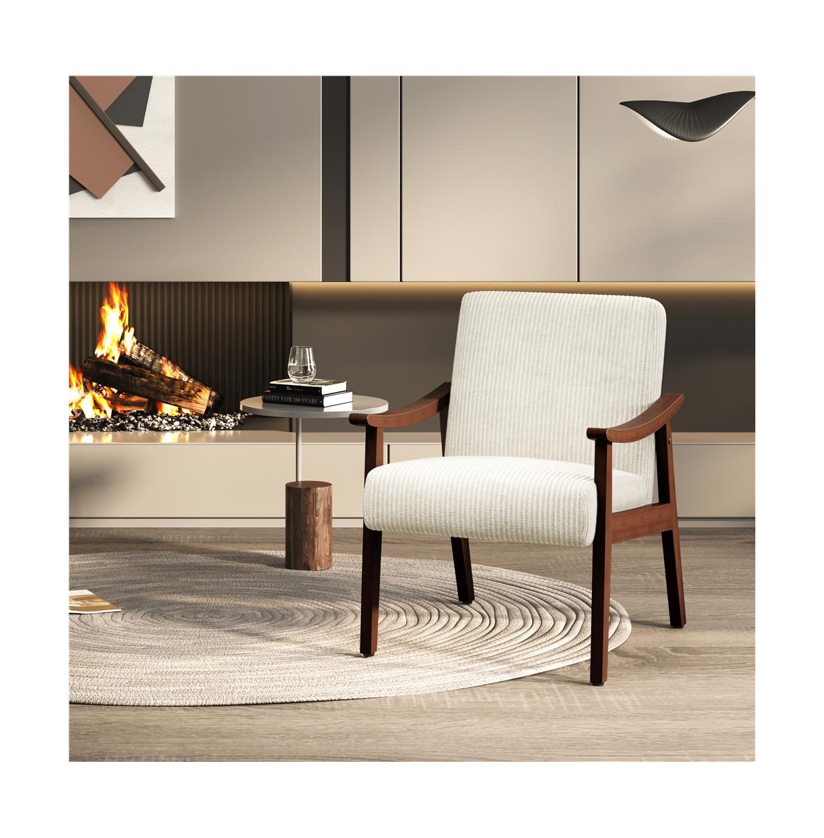 Yaheetech Mid-Century Modern Corduroy Fabric Armchair, Beige