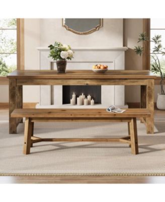 55.12-Inch Solid Wood Dining Bench, Farmhouse Long Kitchen Bench with Strengthened Legs for Dining Room, Kitchen, Restaurant, Natural Brown