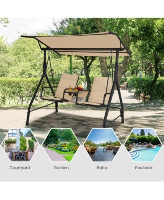 2-Seat Outdoor Cushioned Porch Swing with Adjustable Canopy and Tempered Glass Table
