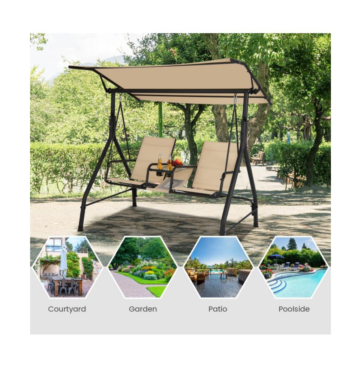 2-Seat Outdoor Cushioned Porch Swing with Adjustable Canopy and Tempered Glass Table