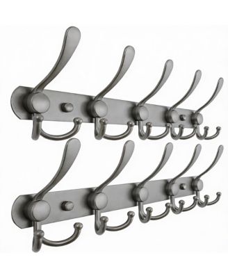 Stainless Steel 5-Tri Hook Wall Rack for Coats, Hats, Towels Grey, Pack of 2