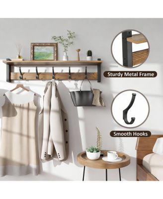 5-Hook Wall Rack with Shelf, Vintage Brown, Space-Saving, Easy DIY
