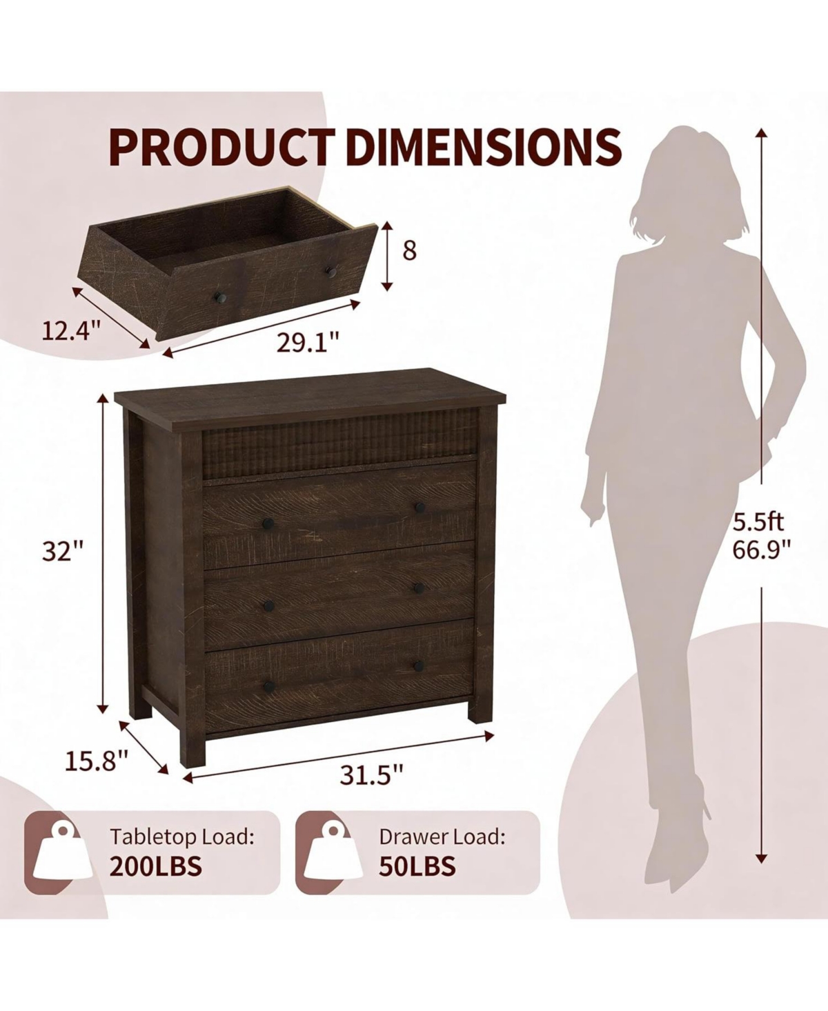 gaomon 3 Drawer Dresser, Modern Fluted Nightstand, Wooden Chest of Drawers, Storage End Table Organizer for Bedroom