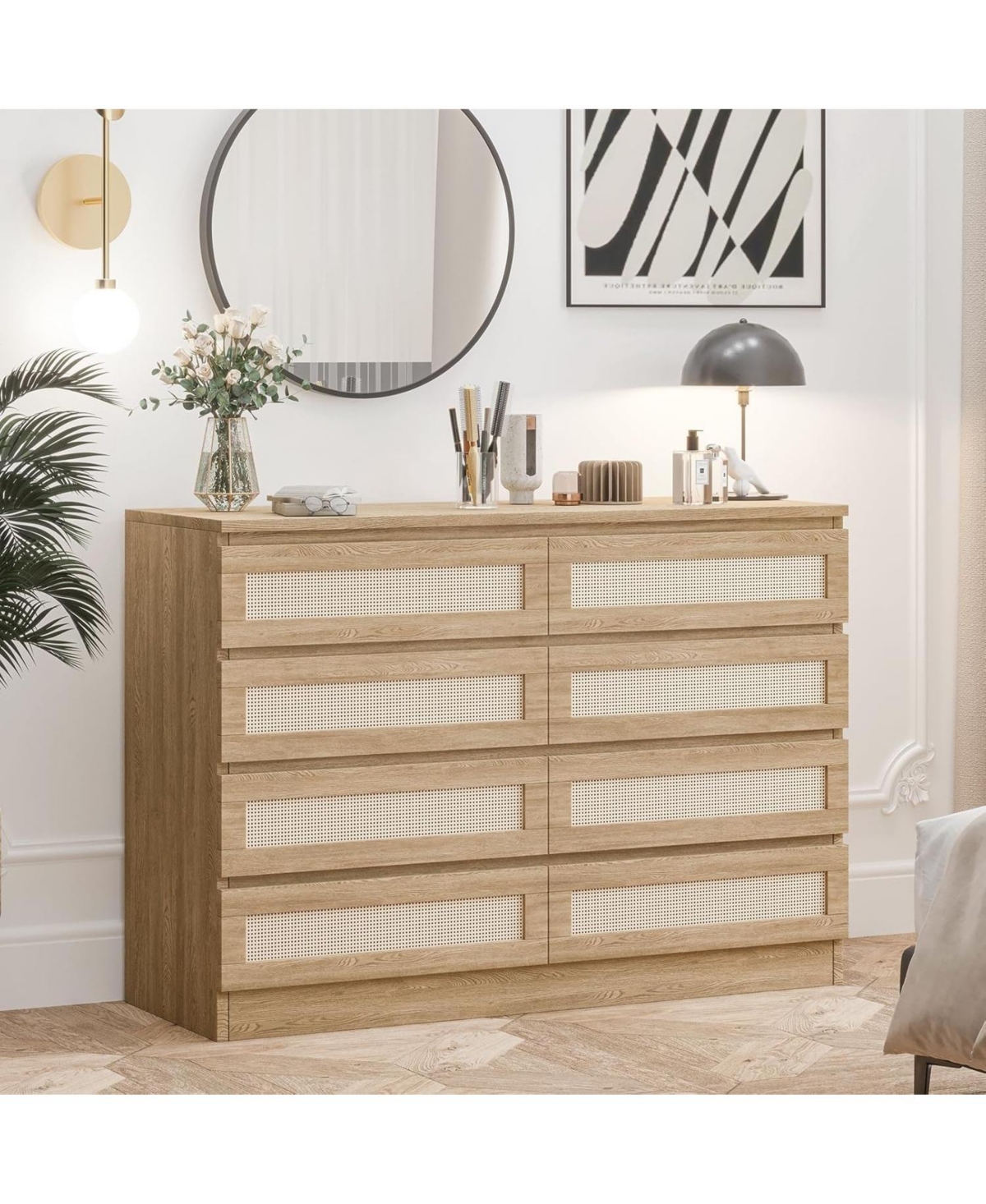 gaomon Rattan Dresser for Bedroom with 8 Drawers, 47'' Wide Chest of Oak Furniture Large Storage Tower Unit, Closet Store Organizer