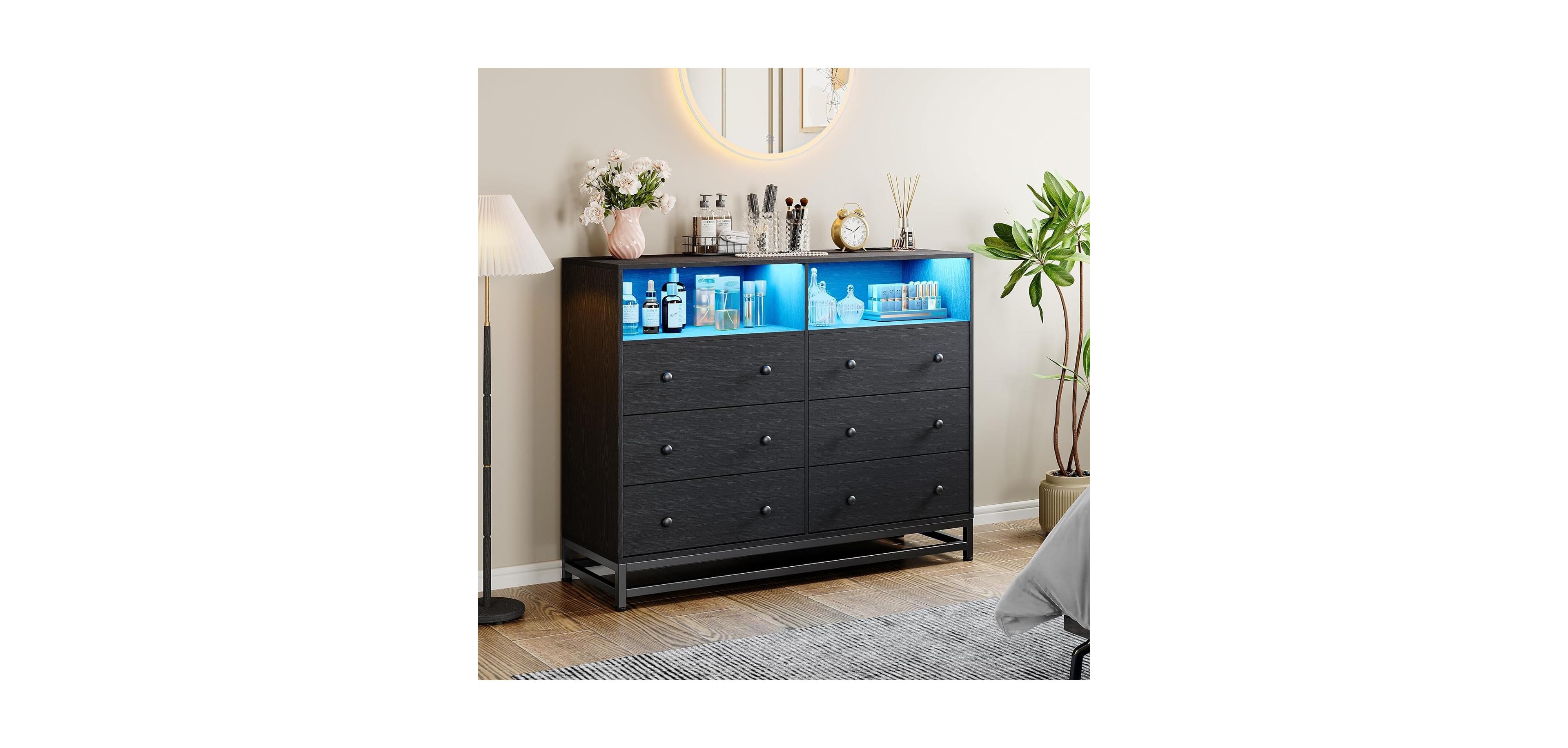 gaomon Dresser for Bedroom with 6 Drawers, Wide Wooden Dresser with Led Light and Charging Station, Large Storage Space, Modern Storage Organizer Unit