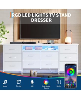 63'' Long Dresser for Bedroom with 10 Fabric Drawers, Entertainment Center TV Stand 65''-75'' TV, White Dresser with Power Outlet