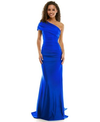 Juniors' One-Shoulder Draped Floor-Sweeping Gown