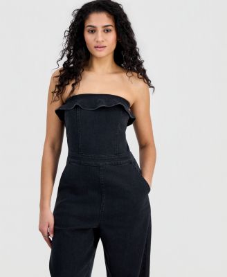 Juniors' Ruffled Strapless Wide-Leg Jumpsuit