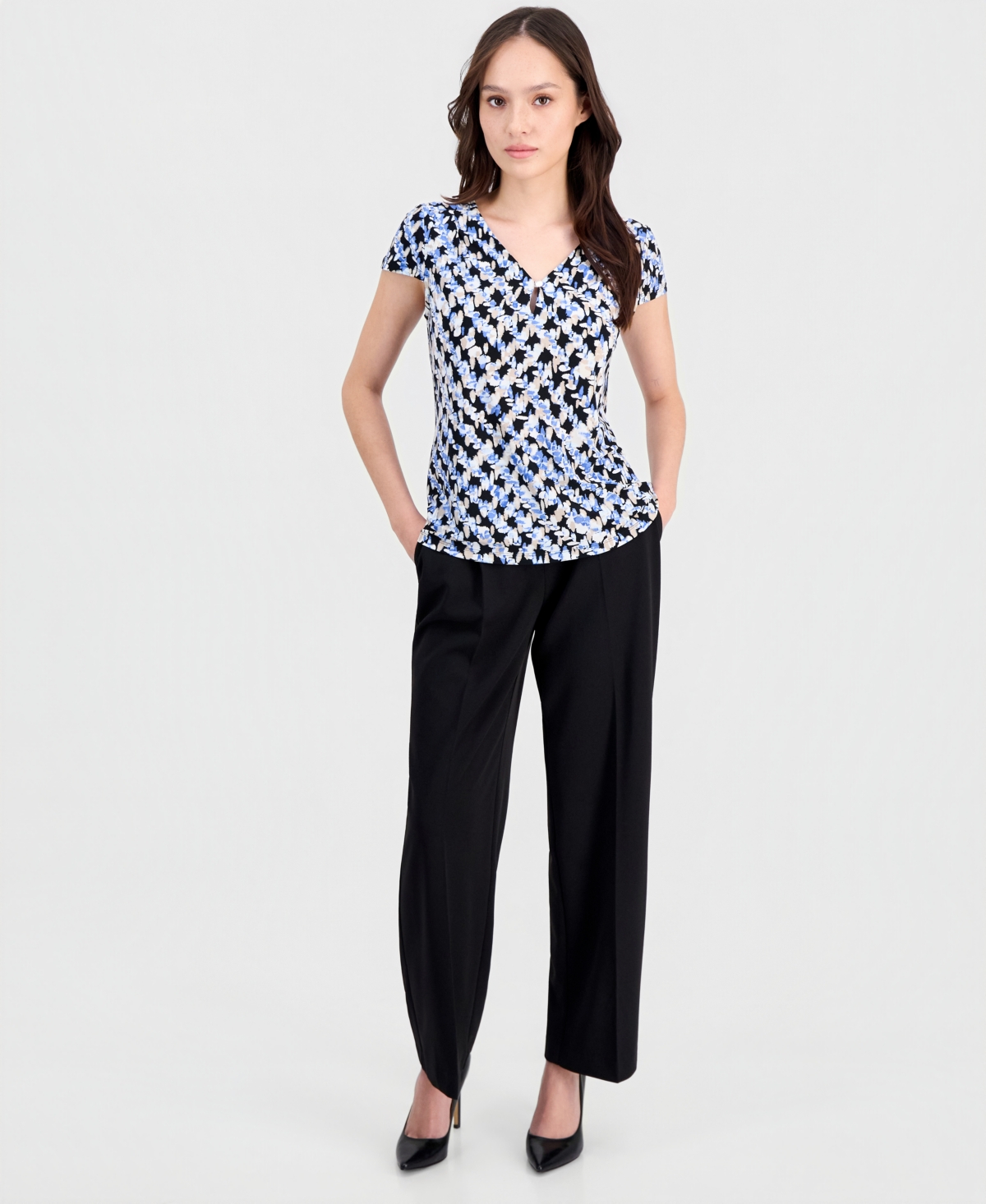 Anne Klein Essentials Petite Printed Keyhole Cap-Sleeve Top