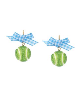 Green Gingham Bow Tennis Ball Drop Earrings