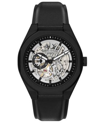 Armani Exchange Men's Sync Automatic Black Leather Watch, 44mm