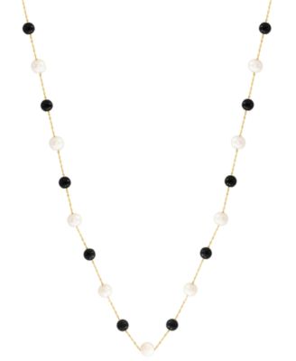 Freshwater Pearl & Onyx Necklace in 14k Yellow Gold