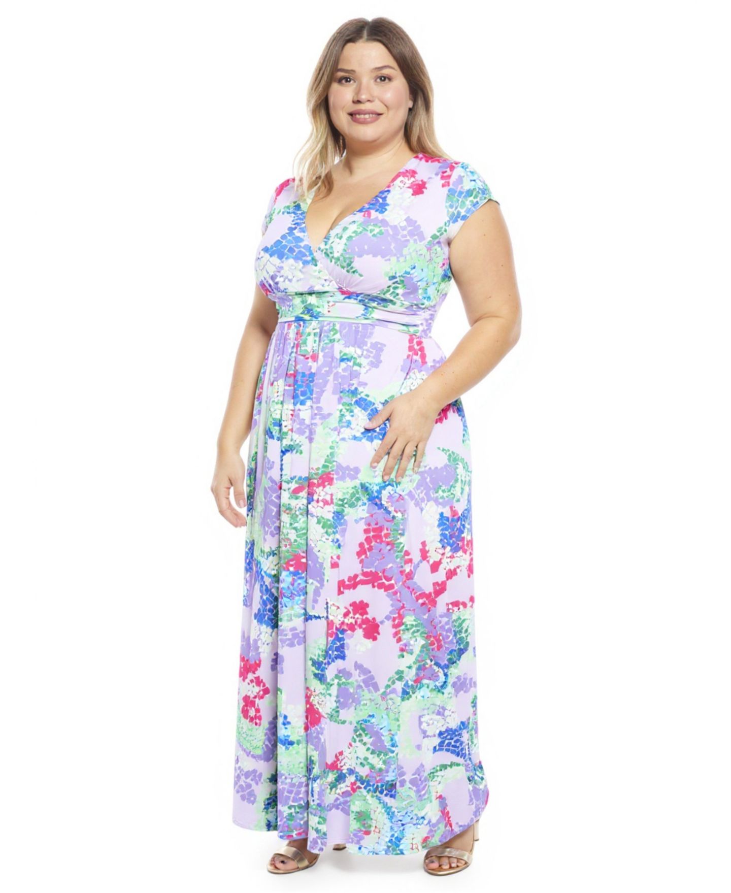 Женское платье 24seven Comfort Apparel Plus Size Cap-Sleeve Side Slit Pocket Maxi, цвет: Синий разноцветный — фото 2